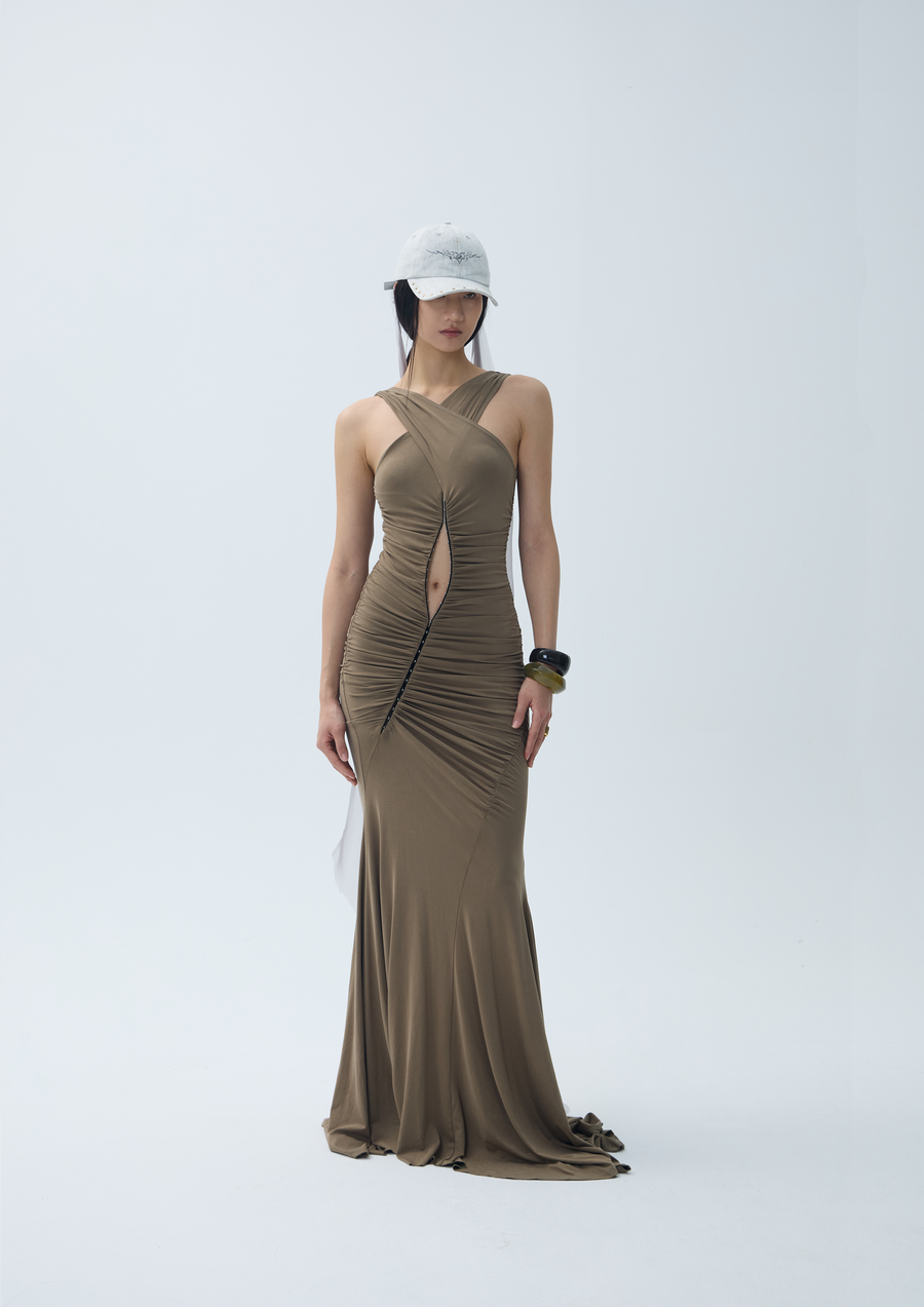 gathered corset dress Gathered Satin Corset dress with Adjustable Bodice, Deep V-Neckline, A-line Skirt and High Leg Slit CDCD231