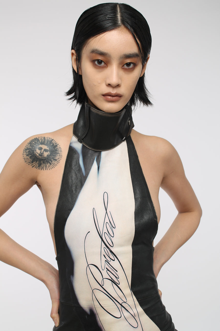 PRINTED HALTER-NECK LEATHER DRESS