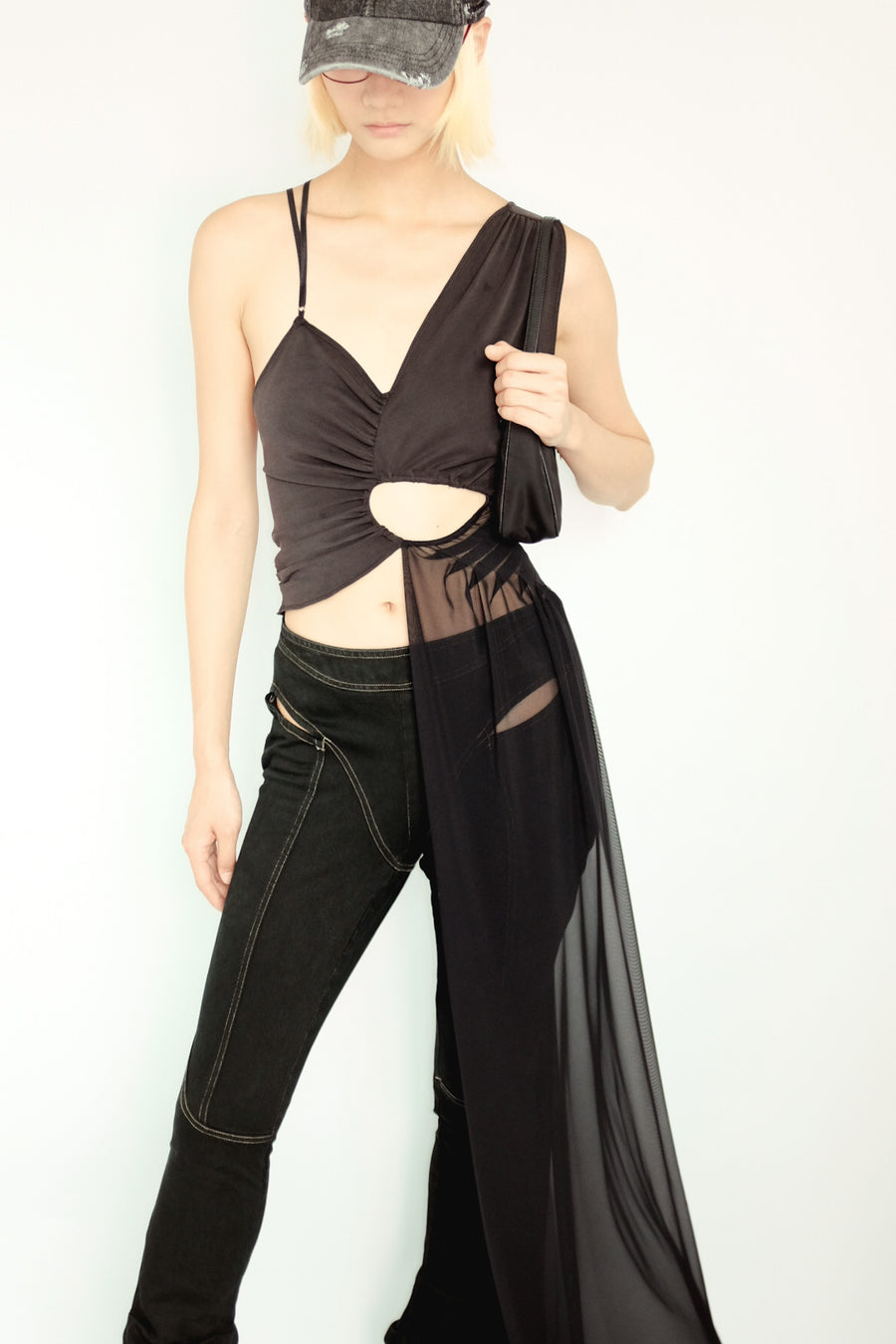 DRAPED MESH CUTOUT TOP