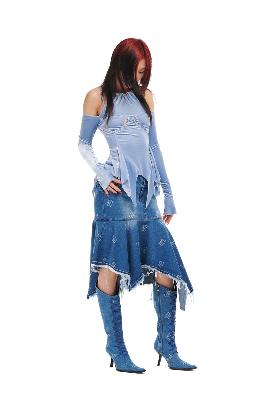 OFF-SHOULDER VELVET DRAPING TOP